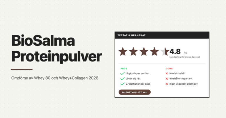 BioSalma proteinpulver omdöme, betyg 4.8 av 5, jämförelse av Whey 80 och Whey+Collagen