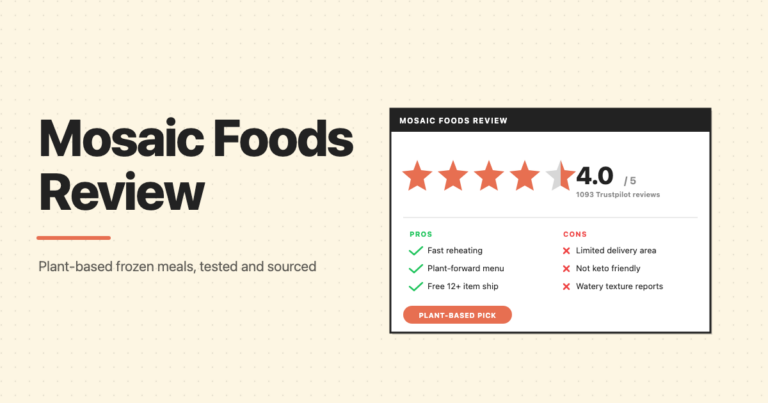 Mosaic Foods Review featured image, 4 out of 5 star Trustpilot rating with pros and cons summary