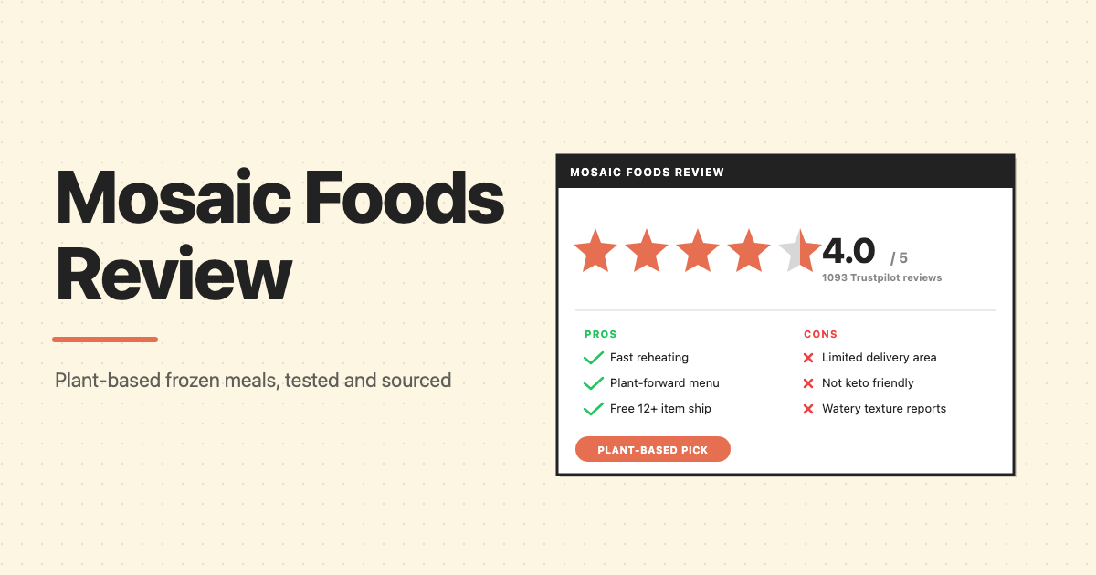 Mosaic Foods Review featured image, 4 out of 5 star Trustpilot rating with pros and cons summary