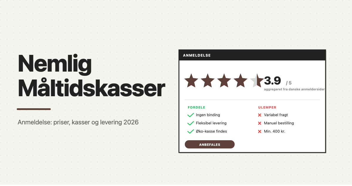 Nemlig Måltidskasser anmeldelse 2026, vurdering 3,9 ud af 5 med fordele og ulemper