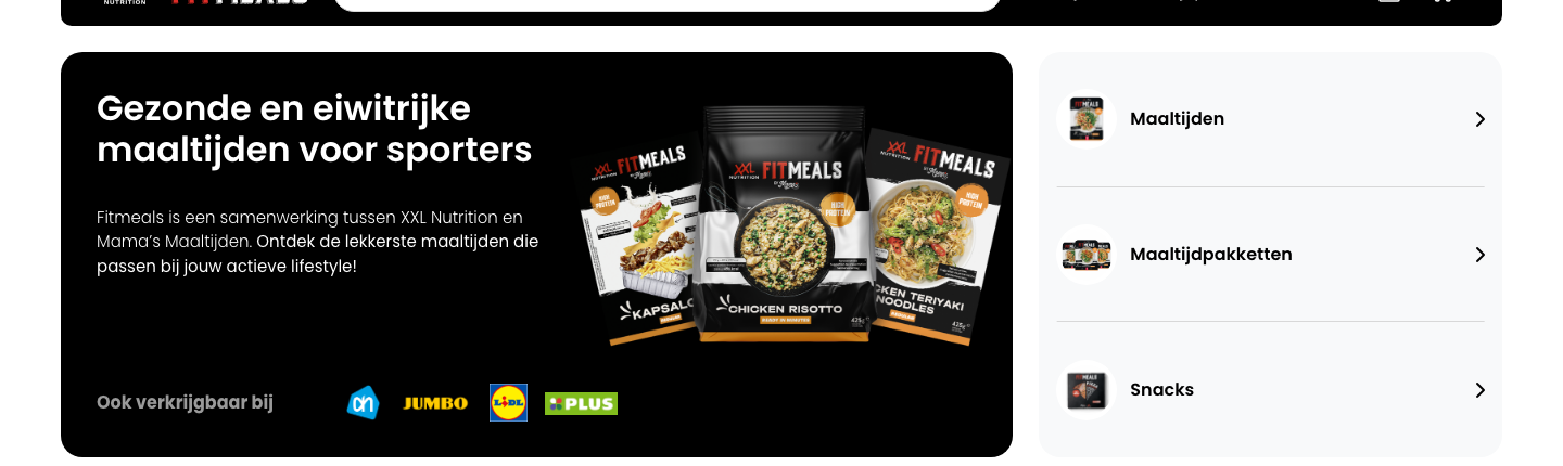 Screenshot van de fitmeals.nl website met kant-en-klare Fit Meals sportmaaltijden