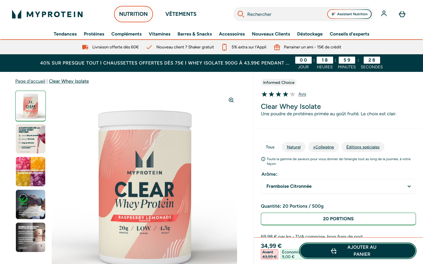 Page produit MyProtein Clear Whey Isolate