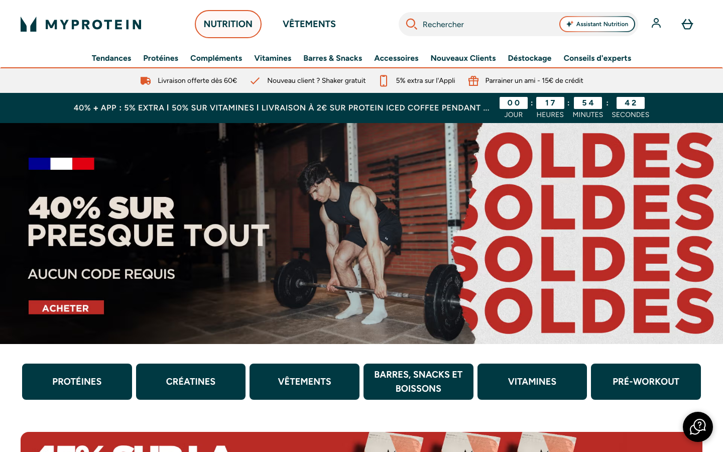 Page accueil MyProtein France avec les categories de produits