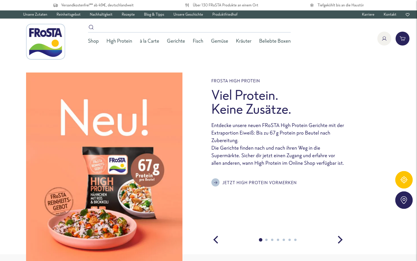 Startseite von Frosta mit veganen Fertiggerichten