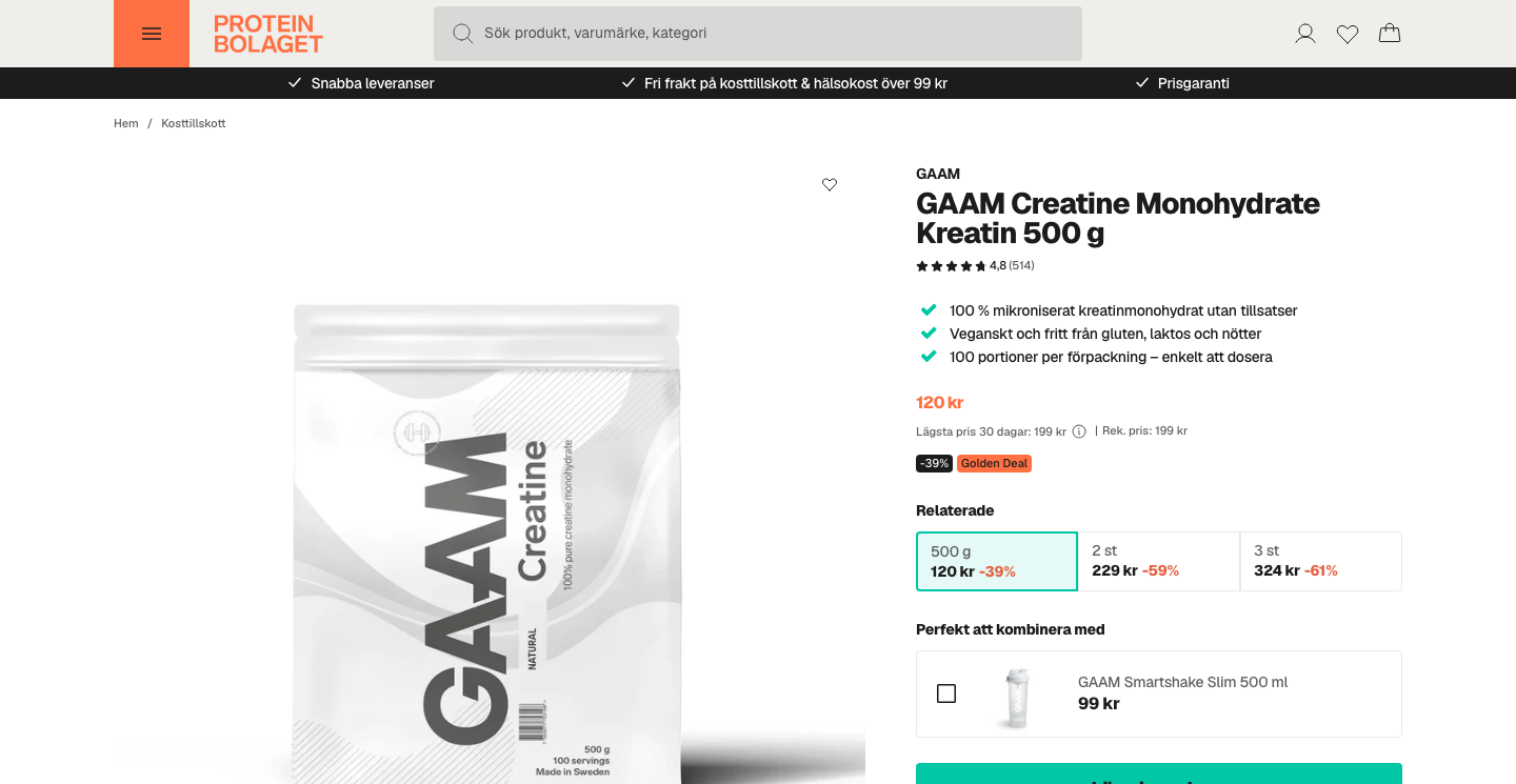 Skärmdump av produktsidan för GAAM Kreatin 500 gram på Proteinbolaget.se.