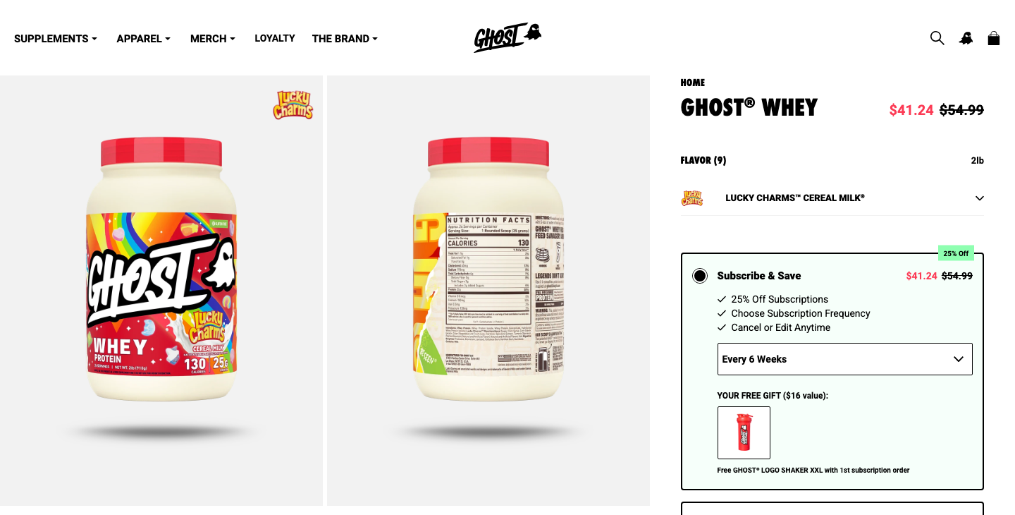 Ghost Whey protein tub in Lucky Charms Cereal Milk flavor with nutrition facts panel