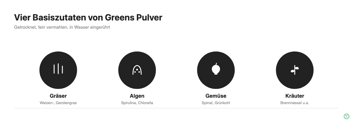 Vier Basiszutaten von Greens Pulver: Gräser, Algen, Gemüse, Kräuter