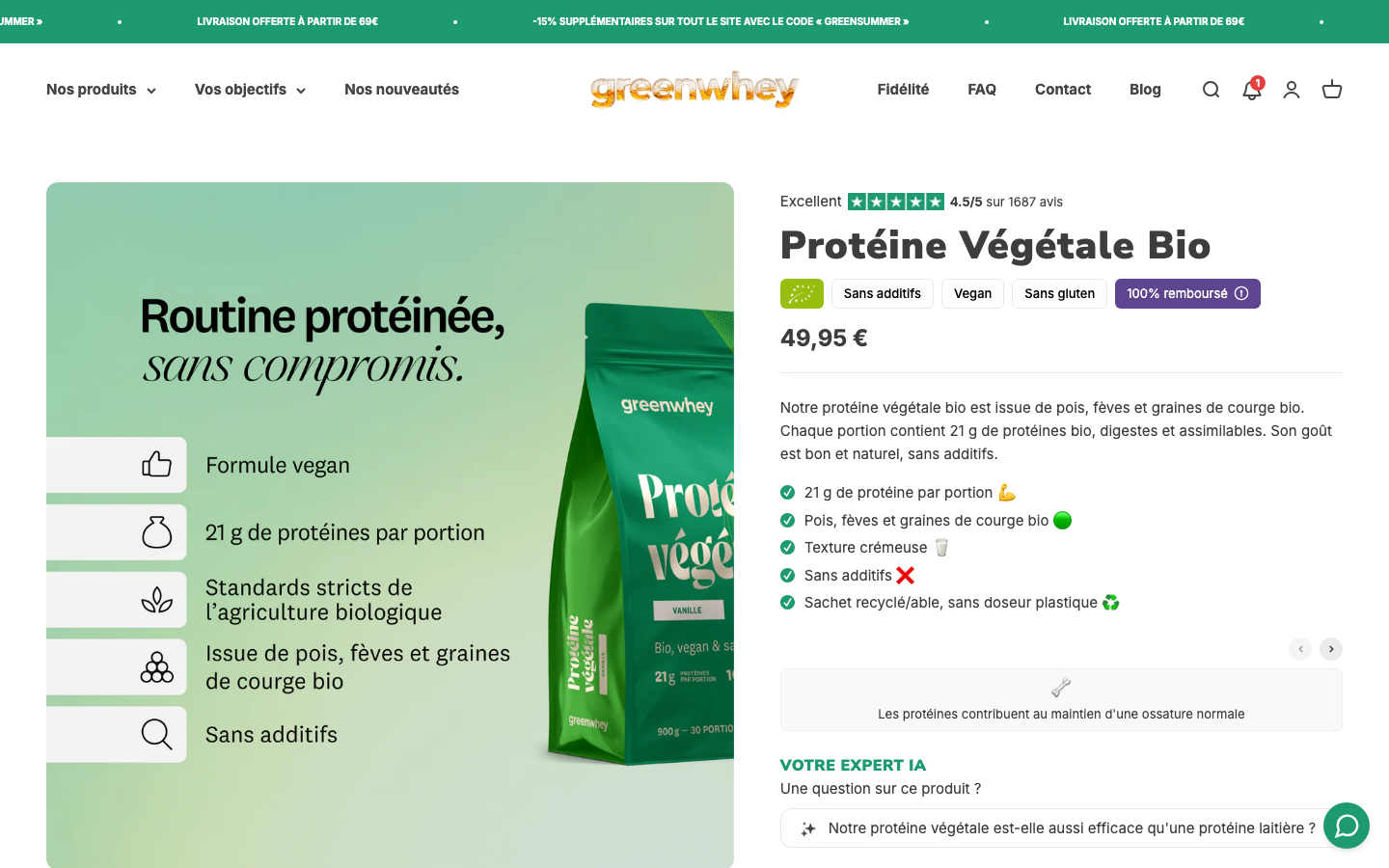 Whey vegan bio Greenwhey avec 21 g de proteines par portion