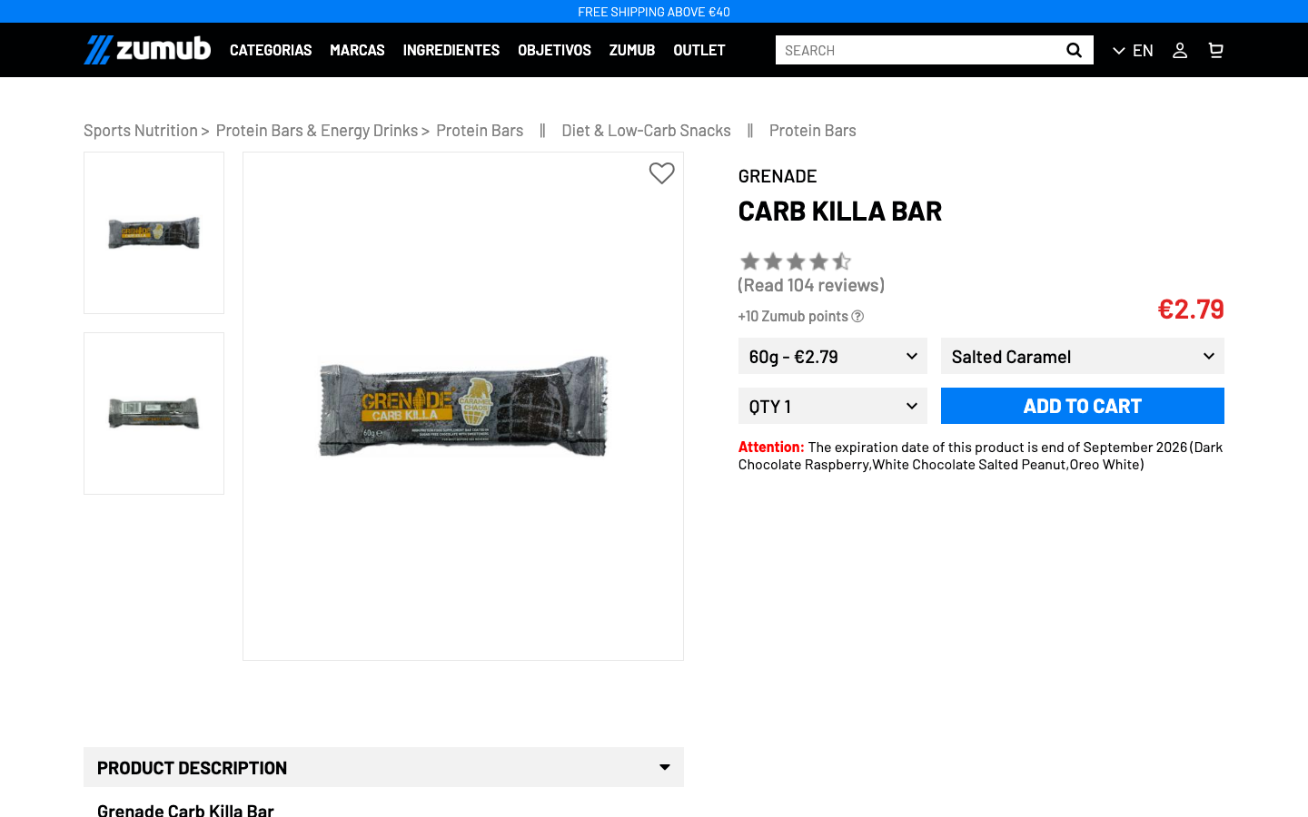 Fiche produit de la barre Grenade Carb Killa sur zumub.com, parfum Salted Caramel, avec sélecteur de parfums et prix unitaire