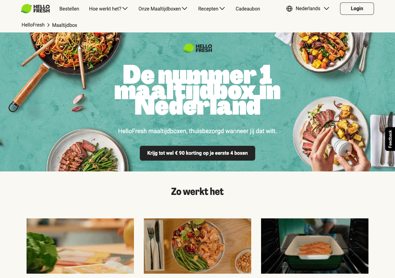 De koolhydraatarme maaltijdbox pagina van HelloFresh met koolhydraatbewuste recepten
