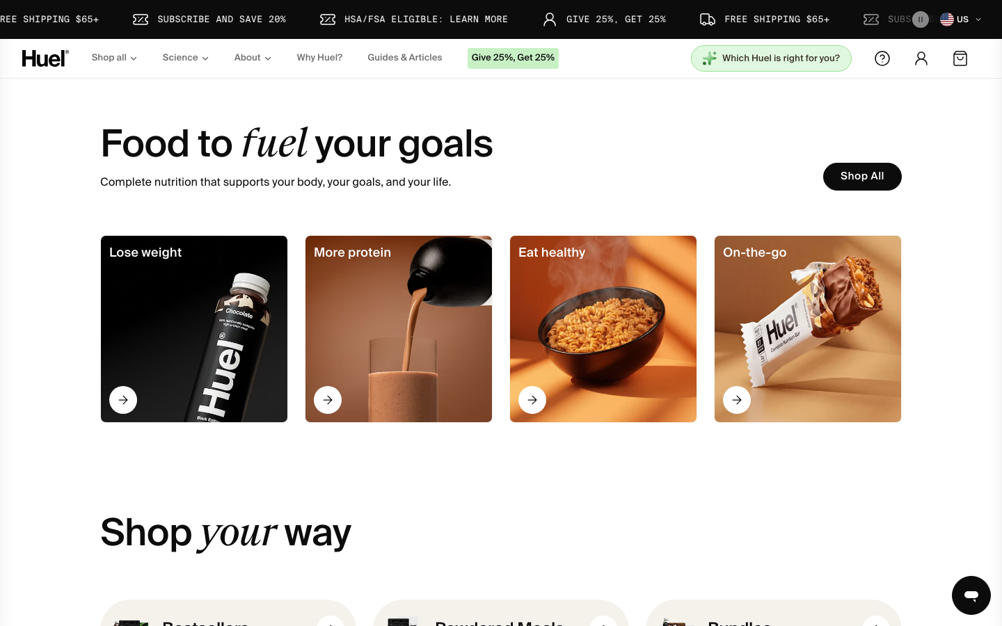 Huel.com homepage showing the current product lineup and shop-your-way navigation