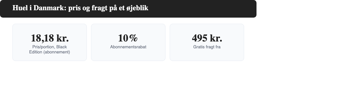 Huel i Danmark: pris per portion, abonnementsrabat og gratis fragt-grænse