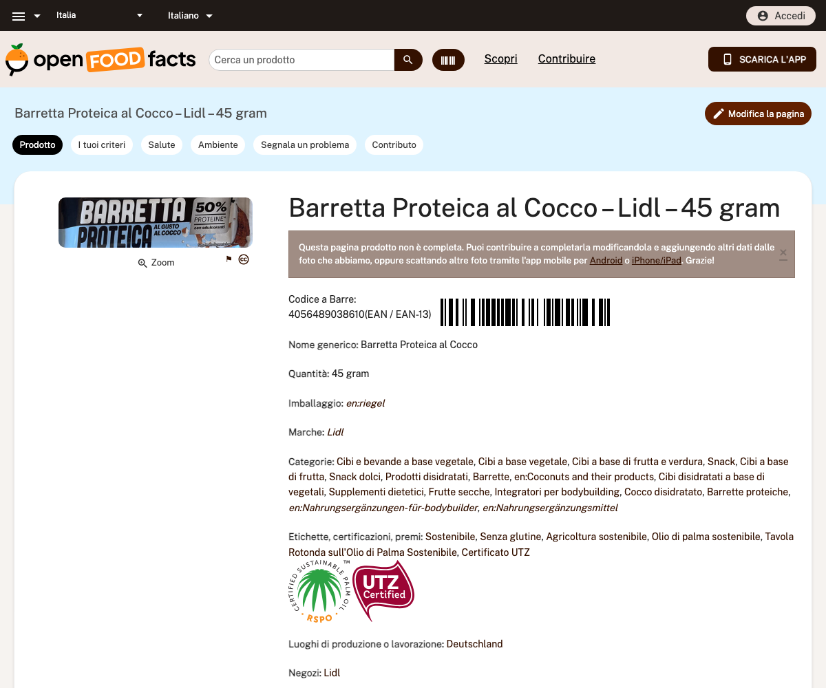 Scheda prodotto Open Food Facts della Barretta Proteica al Cocco Lidl, con codice a barre e dati verificati