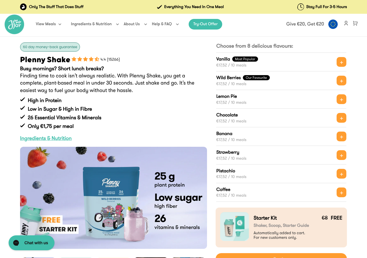 Skærmbillede af Jimmy Joy Plenny Shake produktside på jimmyjoy.com