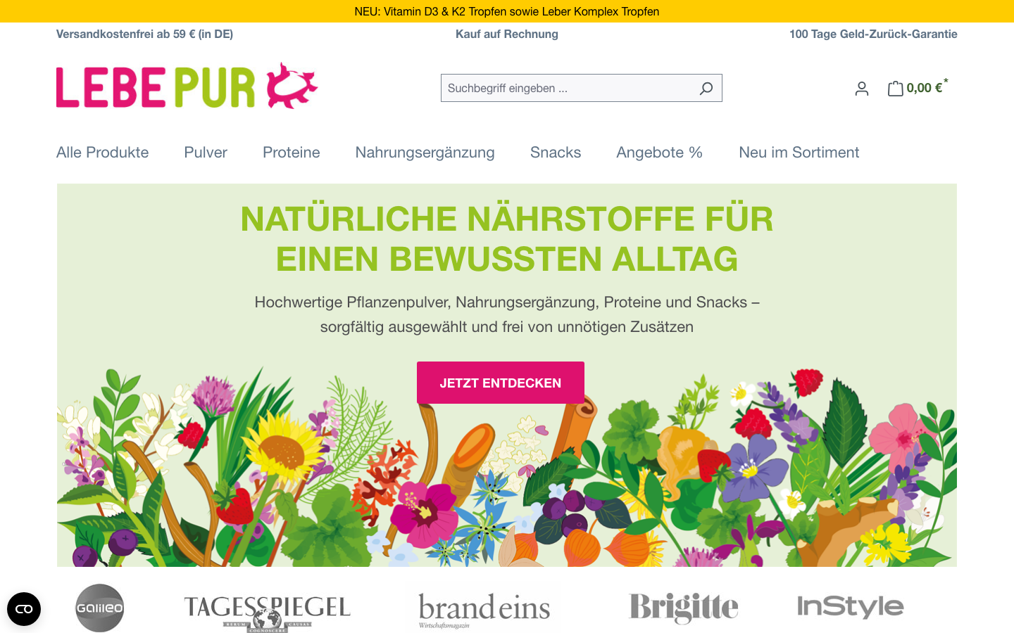 Screenshot der Lebepur Startseite