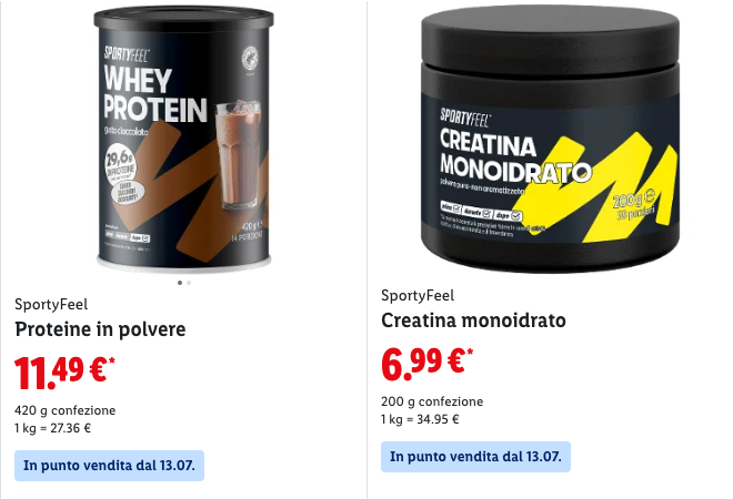 Proteine in polvere e creatina monoidrato SportyFeel in vendita su Lidl.it, il marchio proprio Lidl per la nutrizione sportiva
