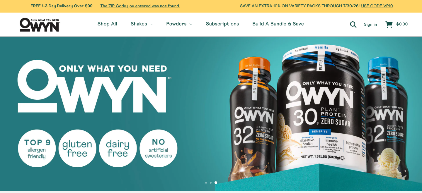 OWYN homepage hero showing Pro Elite bottles and allergen-free badges