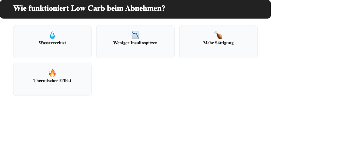 Vier Mechanismen wie Low Carb beim Abnehmen wirkt: Wasserverlust, weniger Insulinspitzen, mehr Sättigung, thermischer Effekt