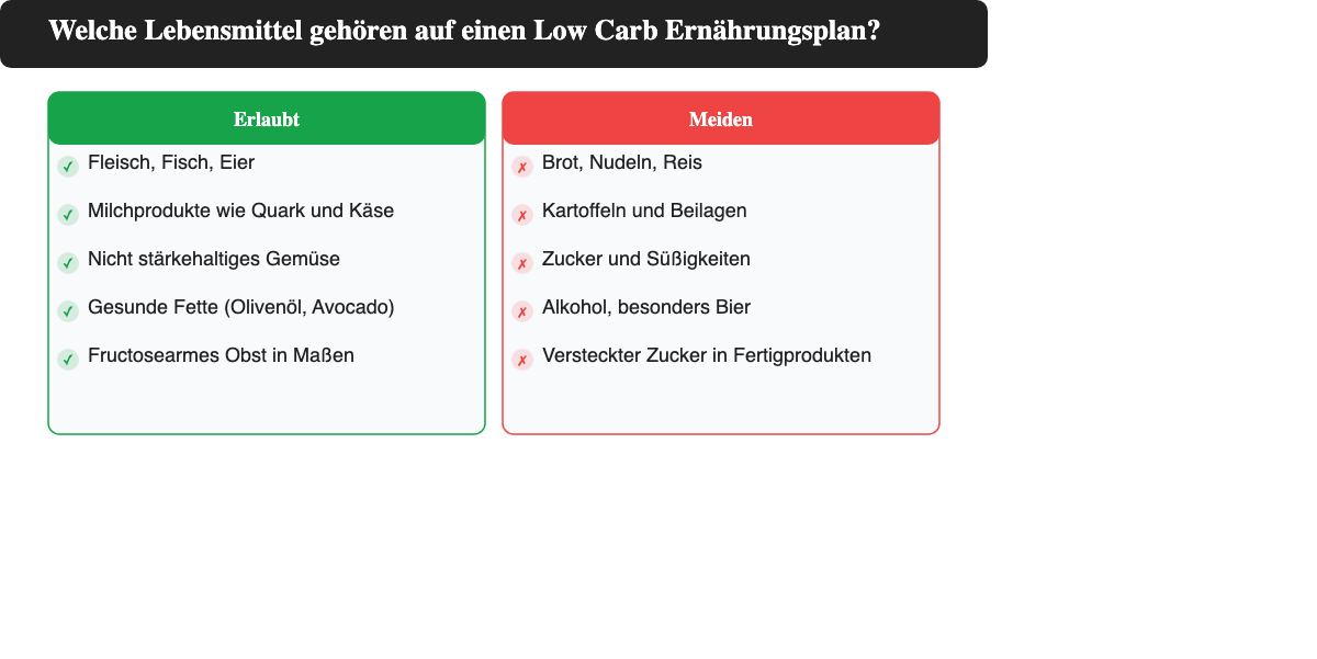 Erlaubte und zu meidende Lebensmittel im Low Carb Ernährungsplan im Überblick