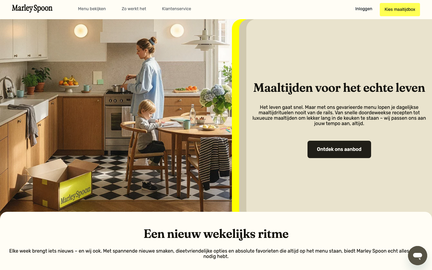 Homepage van Marley Spoon, goedkope maaltijdbox voor gezinnen en grotere boxen