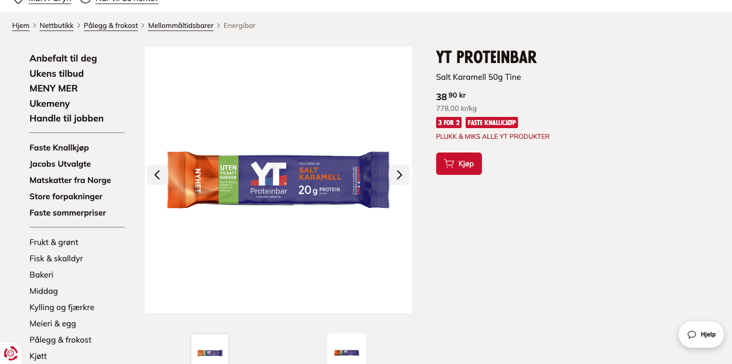 YT Proteinbar Salt Karamell produktside hos Meny med pris 38,90 kr