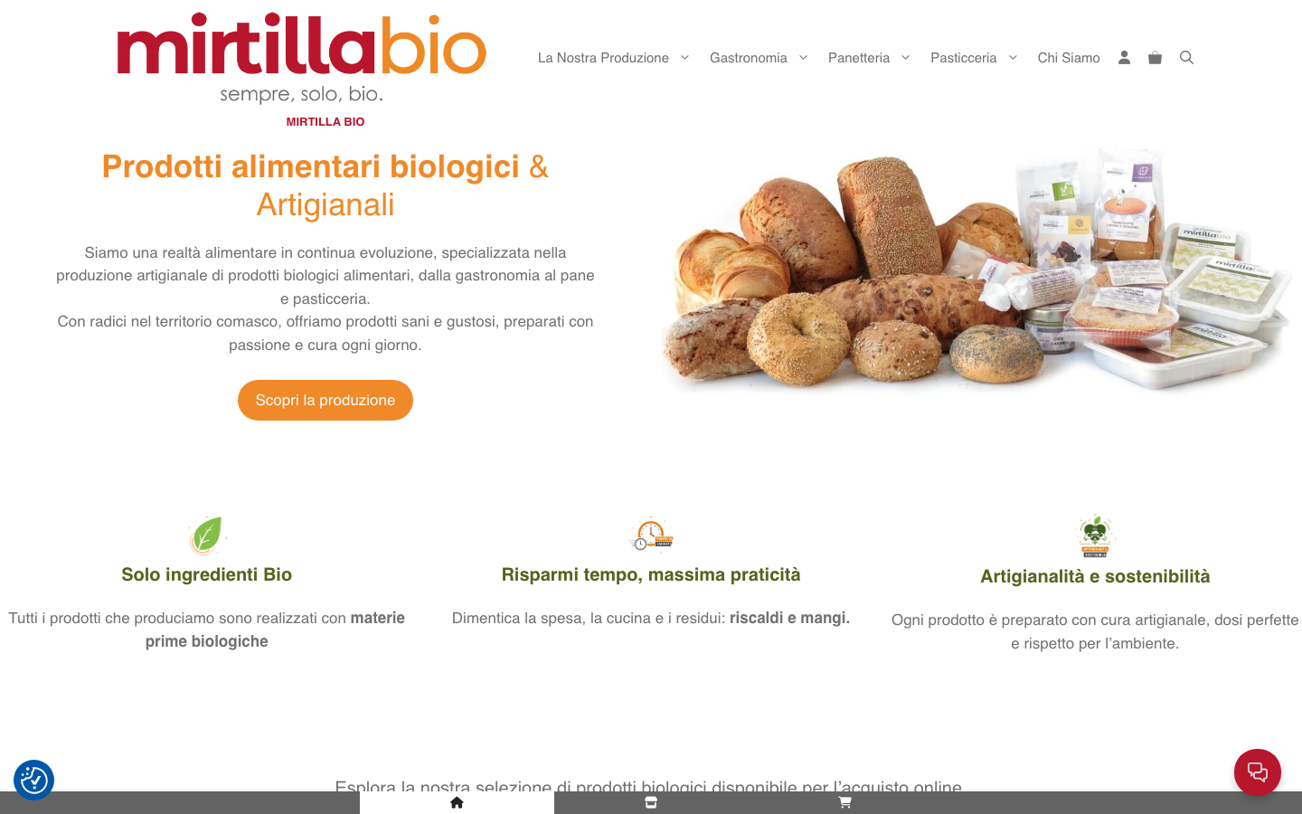 Homepage del sito Mirtilla Bio, secondi piatti biologici freschi