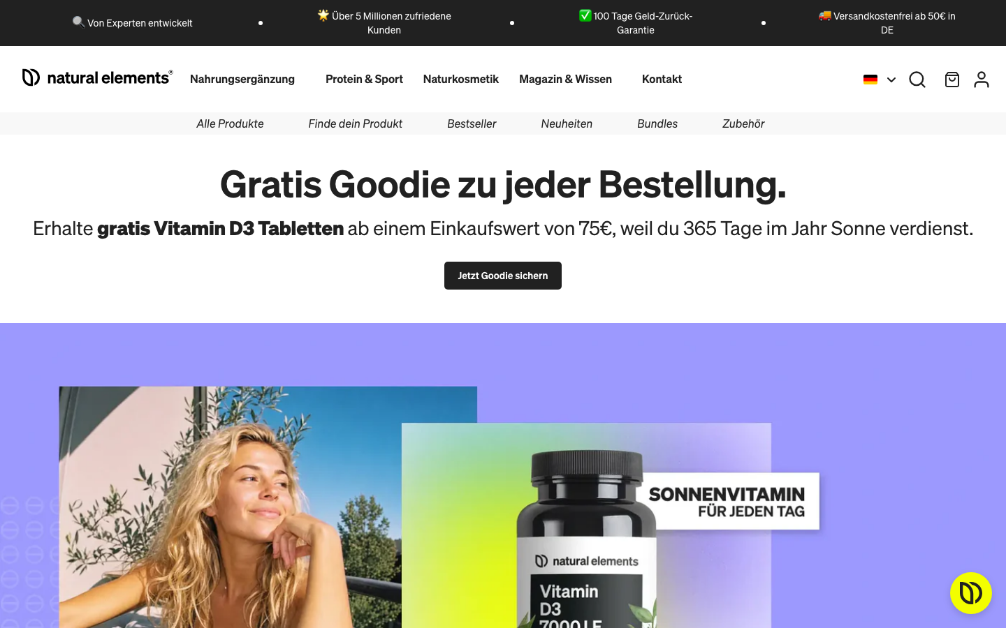 Startseite von Natural Elements mit Kollagen Pulver Produkten