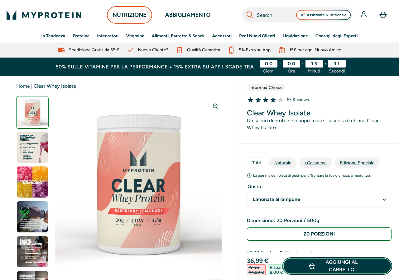 Pagina prodotto MyProtein Clear Whey Isolate su myprotein.it