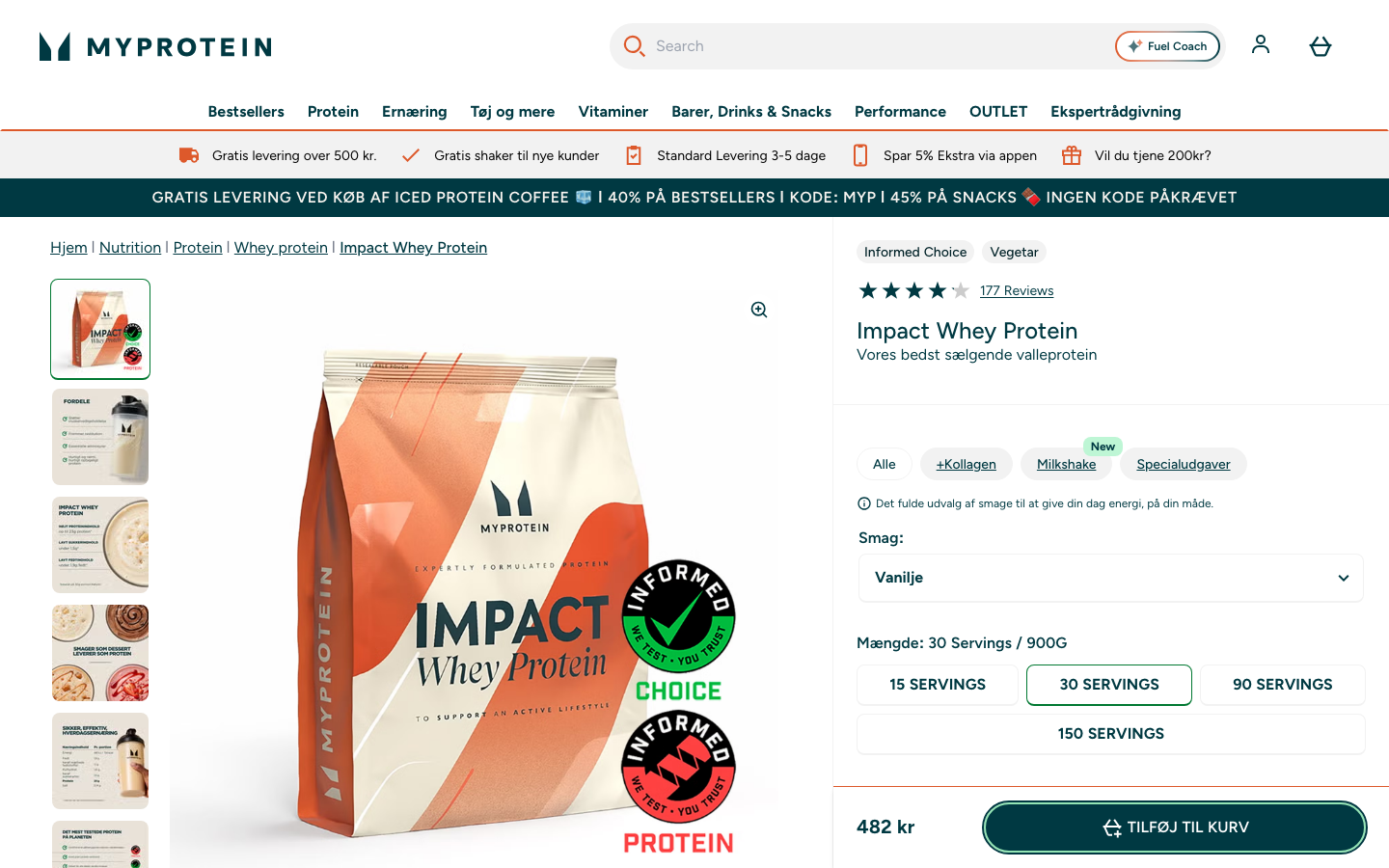 Screenshot af myprotein.dk produktside for Impact Whey Protein