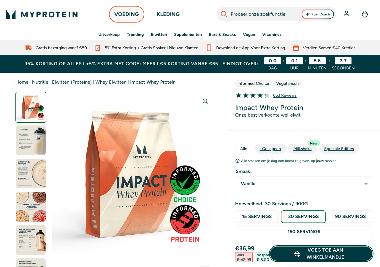 Screenshot van de MyProtein Impact Whey Protein productpagina op nl.myprotein.com