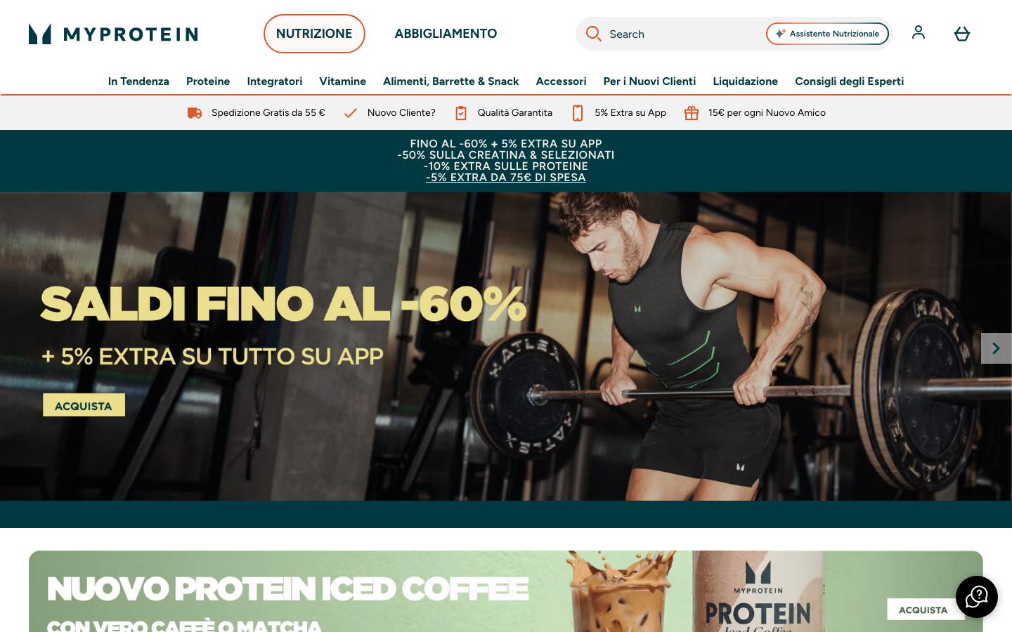 Homepage ufficiale di MyProtein Italia con la linea di drink proteici pronti da bere