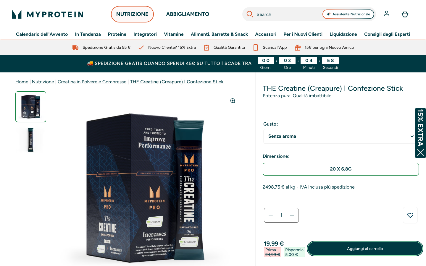 Pagina prodotto THE Creatine Creapure a confezione stick su myprotein.it
