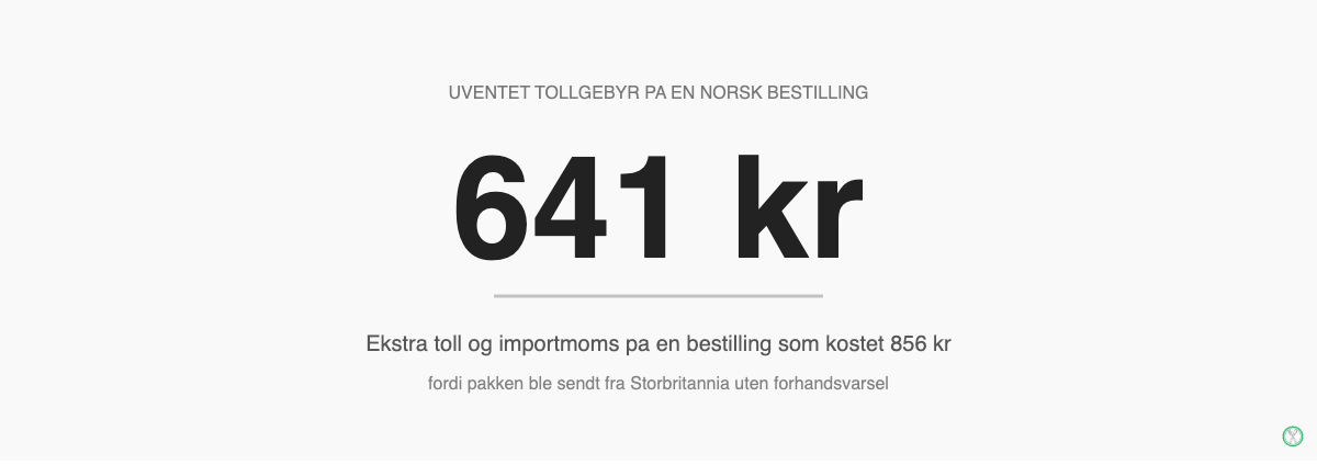 MyProtein Norge toll og importmoms eksempel 641 kroner ekstra gebyr