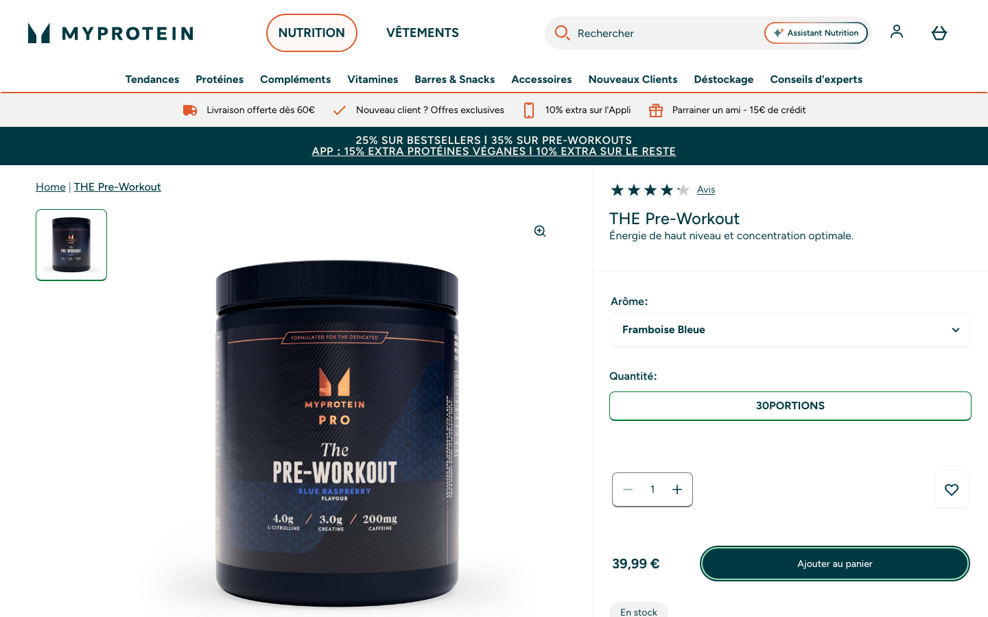 Page produit MyProtein THE Pre-Workout, 200 mg de caféine, 39,99 euros