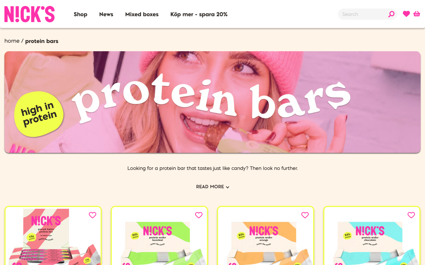 Nicks proteinbar smagsvarianter vist på det officielle Nick's website nicks.dk