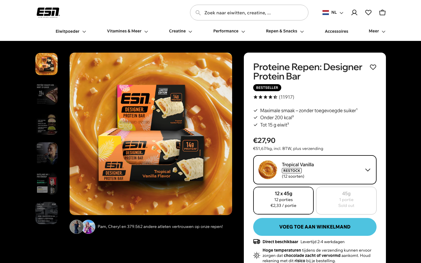 Productpagina van de ESN Designer Protein Bar op de officiele webshop