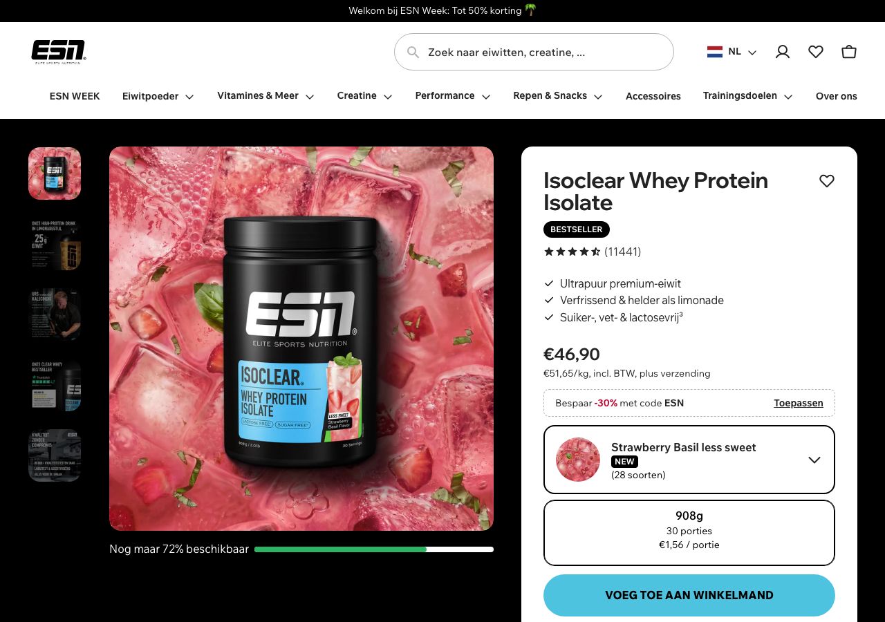 Productpagina van ESN Isoclear Clear Whey Isolate op nl.esn.com