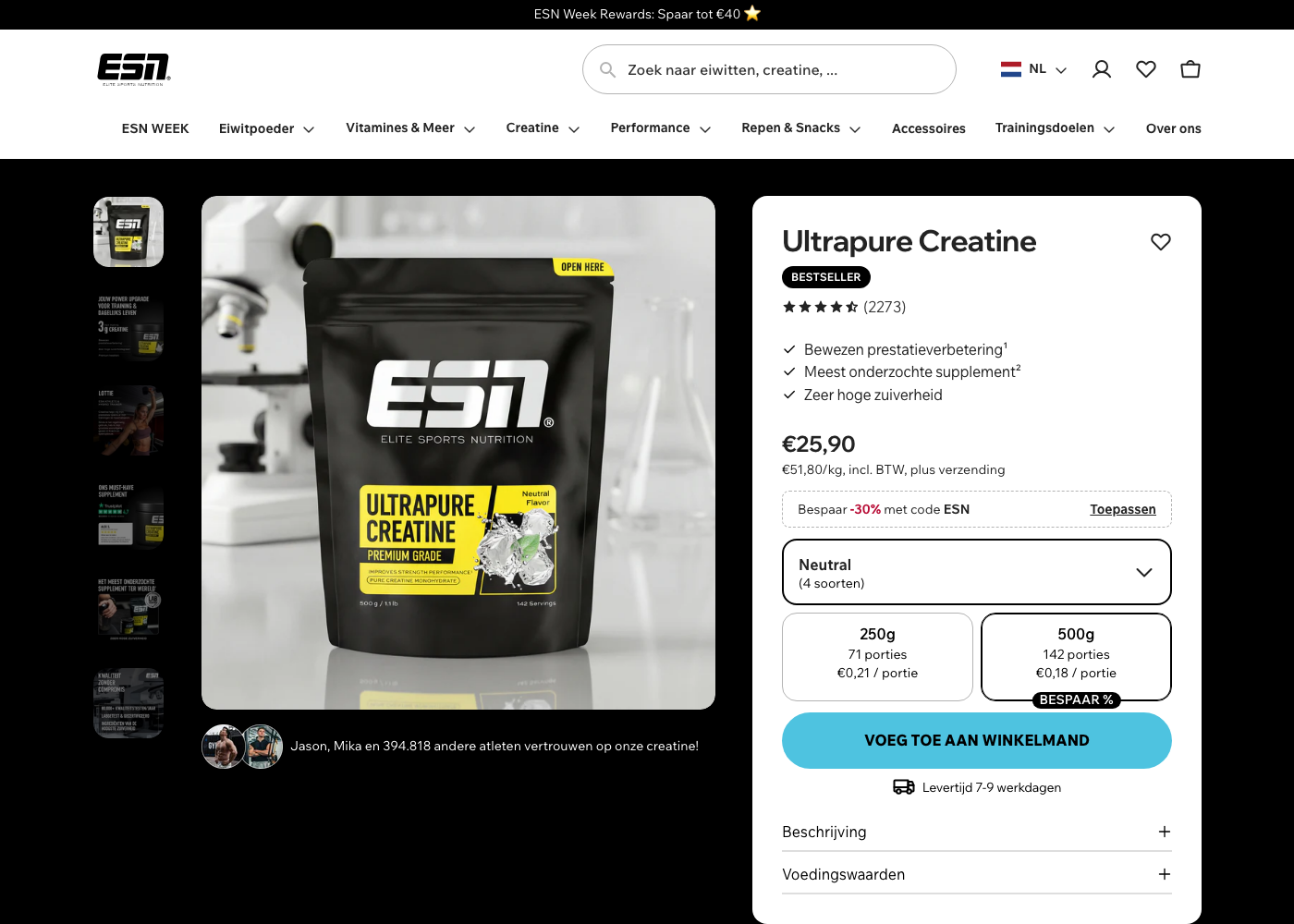 Screenshot van de ESN Ultrapure Creatine productpagina