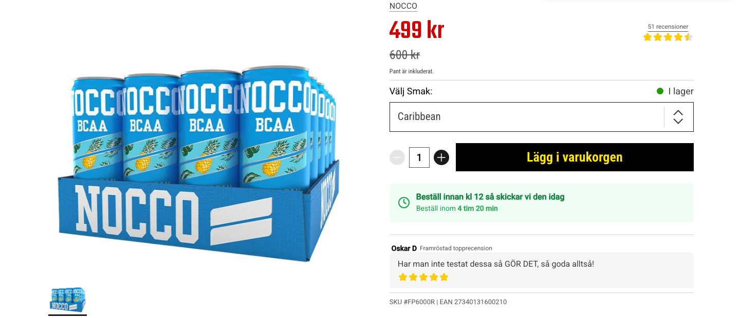 Skärmdump av produktsidan för NOCCO BCAA 330 ml hos Gymgrossisten.