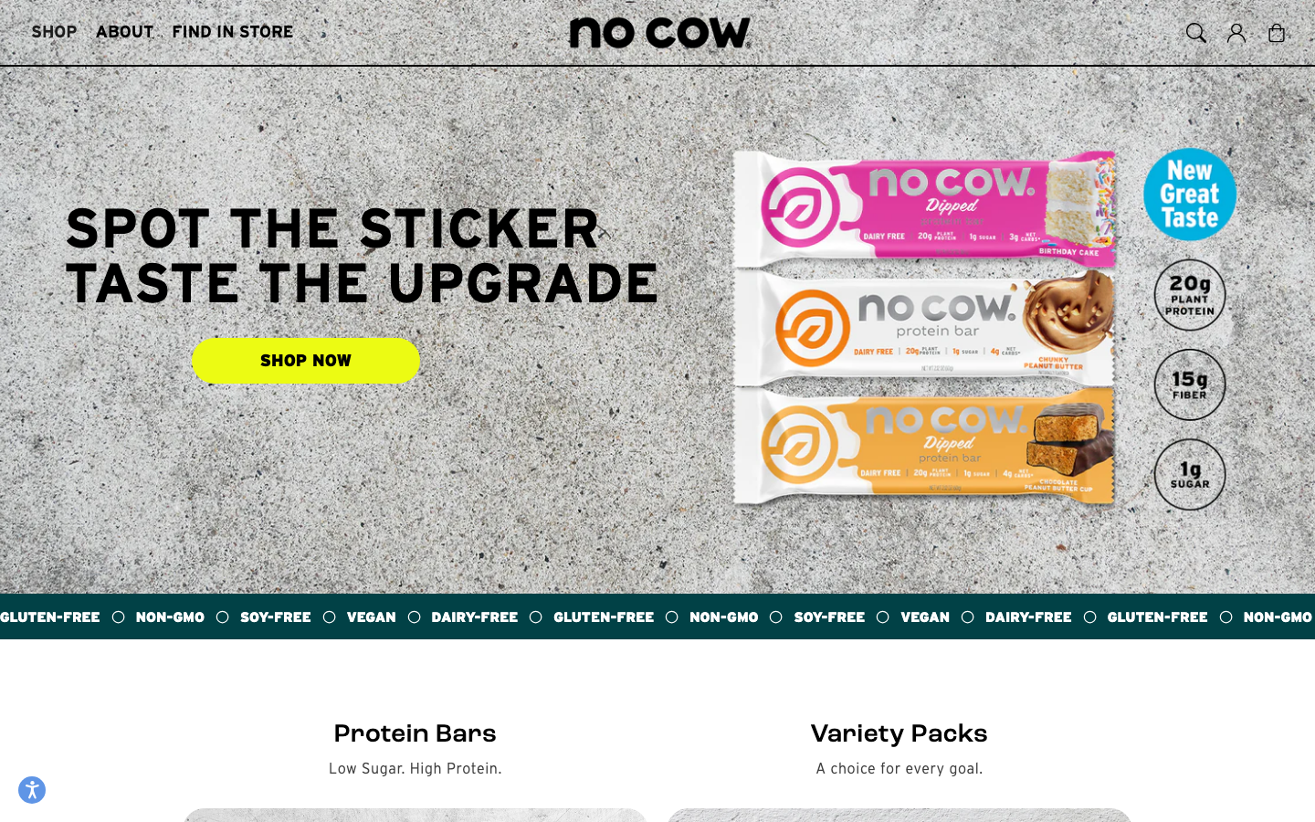 No Cow protein bar brand homepage at nocow.com