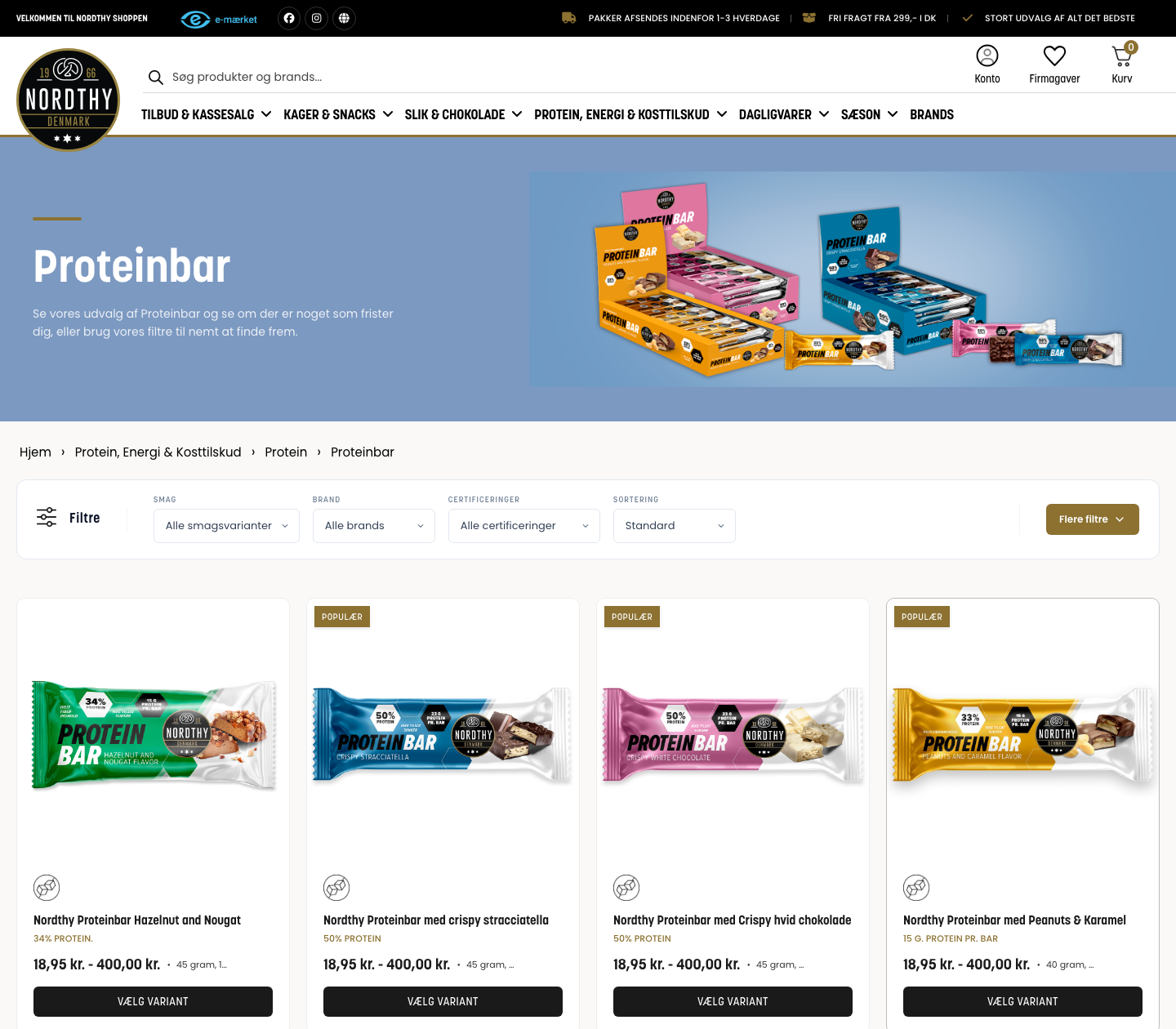 Nordthy proteinbar produktside på shopnordthy.com med pris og smagsvarianter