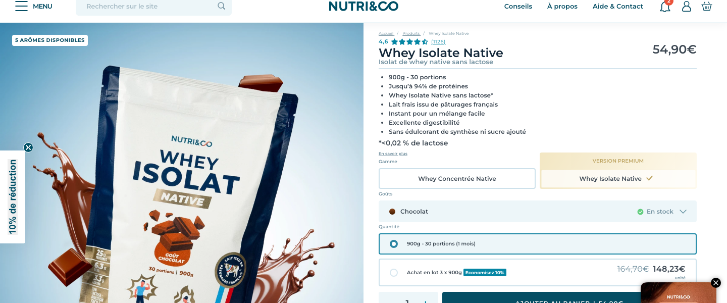 Page produit Whey Isolate Native sur le site officiel Nutri&Co