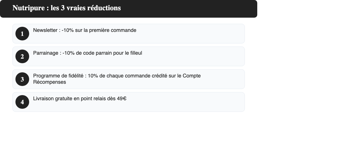 Infographie : 3 vraies réductions Nutripure - newsletter -10%, parrainage -10%, fidélité 10%