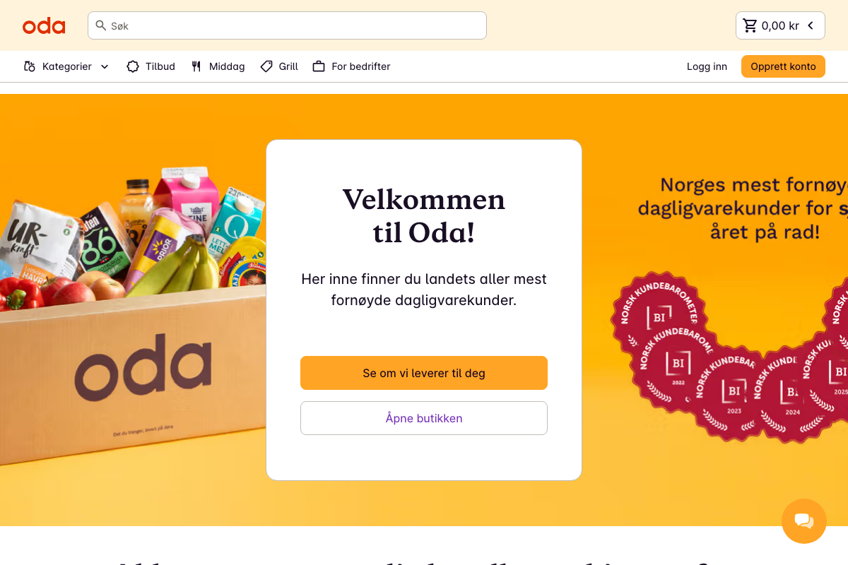Oda.com forside, nettbasert dagligvarehandel med hjemlevering og bredt utvalg av Ø-merkede varer