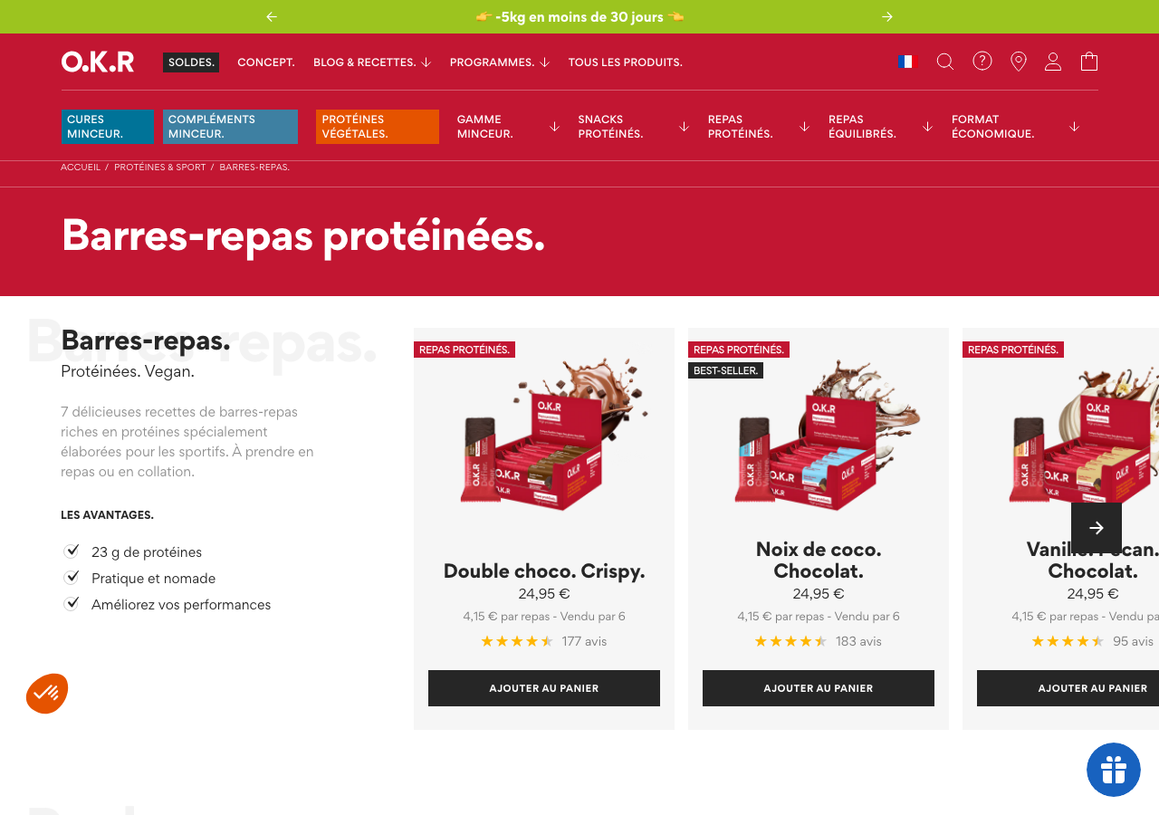 Page collection Sport sur okr.fr montrant les barres-repas a 23g de proteines, marque anciennement connue sous le nom Feed.
