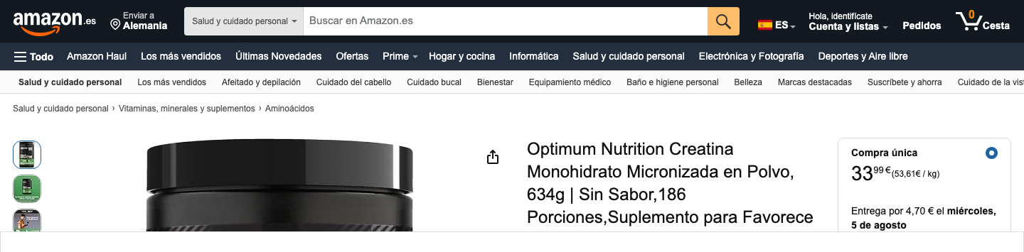 Ficha de producto de Optimum Nutrition Creatina Monohidrato Micronizada en Amazon.es
