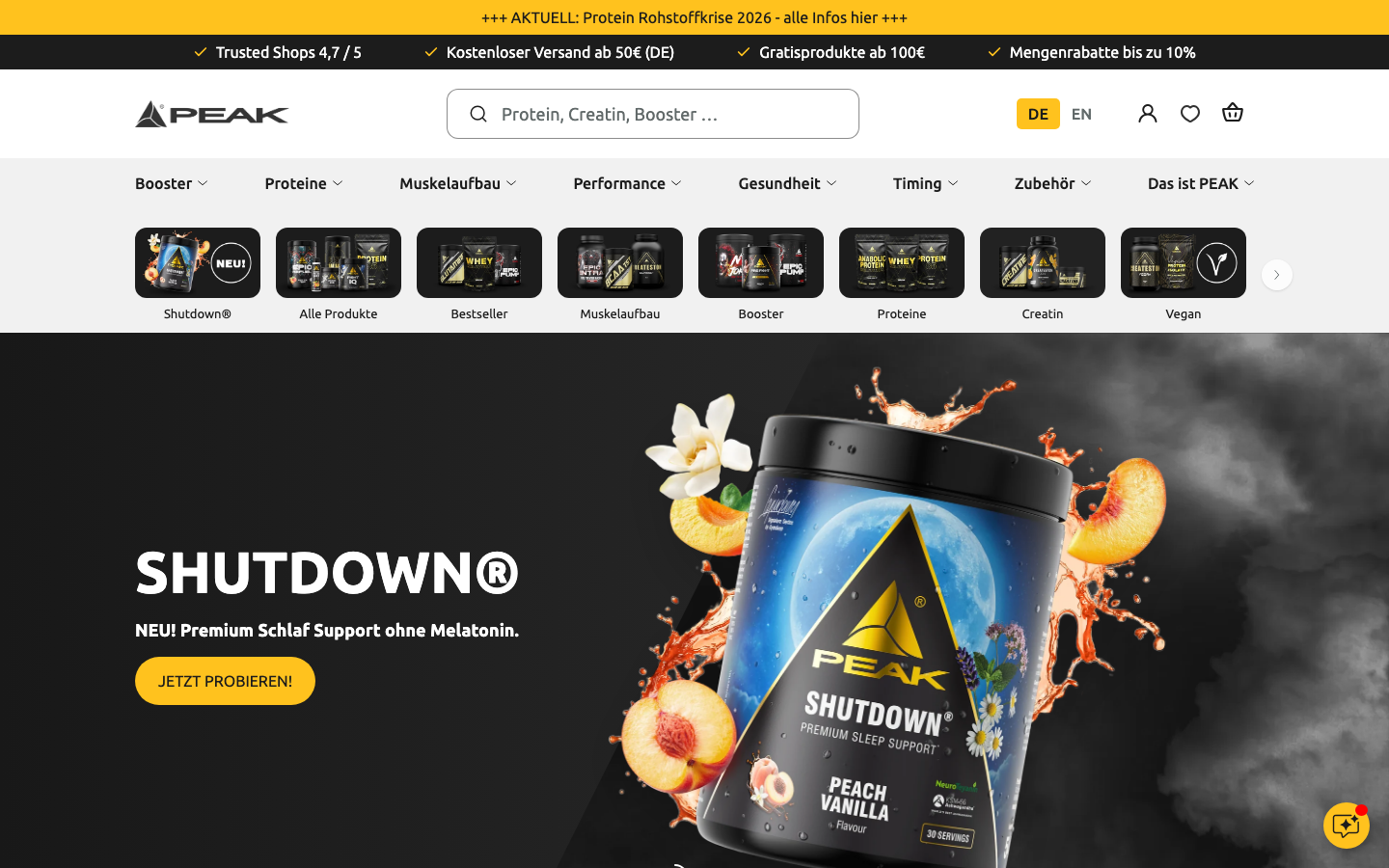 Startseite von Peak mit Sportnahrung und Collagen Pro