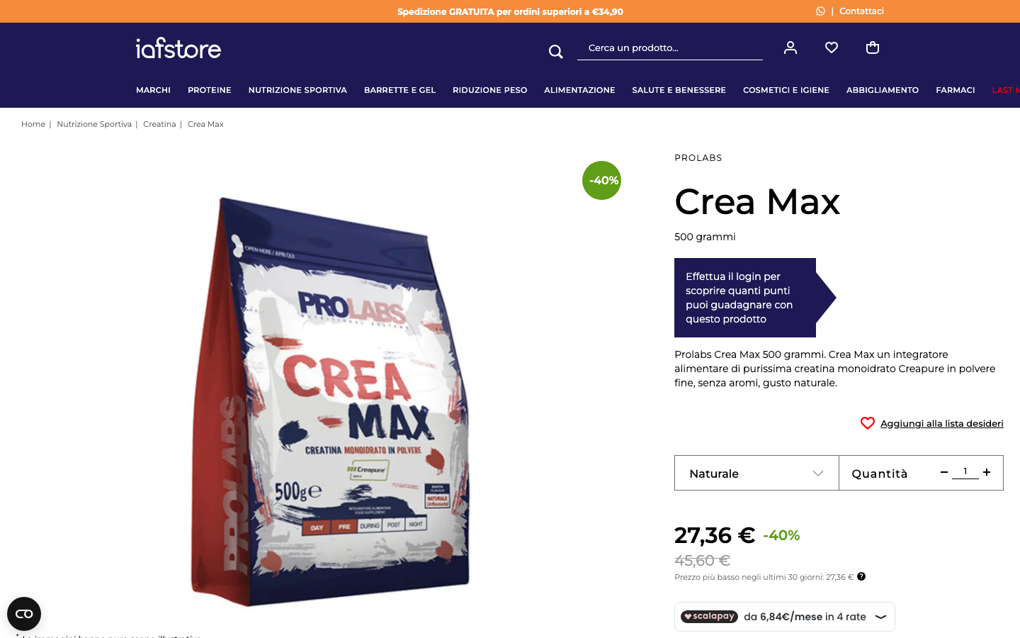 Confezione Prolabs Crea Max da 500 grammi sulla pagina prodotto del rivenditore iafstore.it