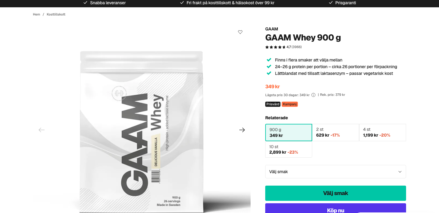 GAAM Whey 900 g produktsida hos Proteinbolaget
