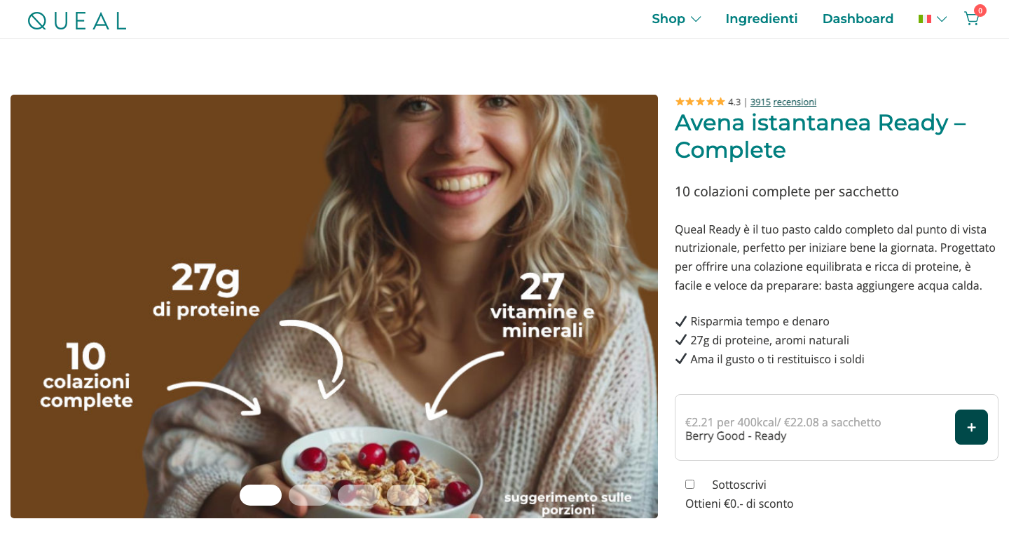 Screenshot del prodotto Queal Ready, porridge caldo completo con 27g di proteine
